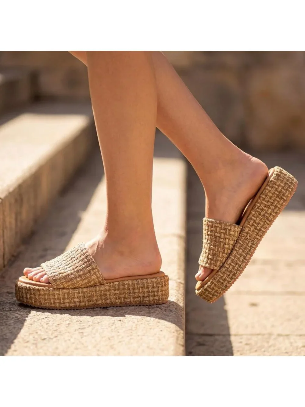 Women's Coffee Rubber Woven Straw Beach Slip On Comfortable Casual Platform